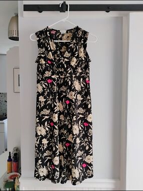 MATERNITY Old Navy Sleeveless Black & Cream Floral Midi Dress with Pink Accents